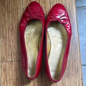 CHANEL Red Patent Leather Loafers